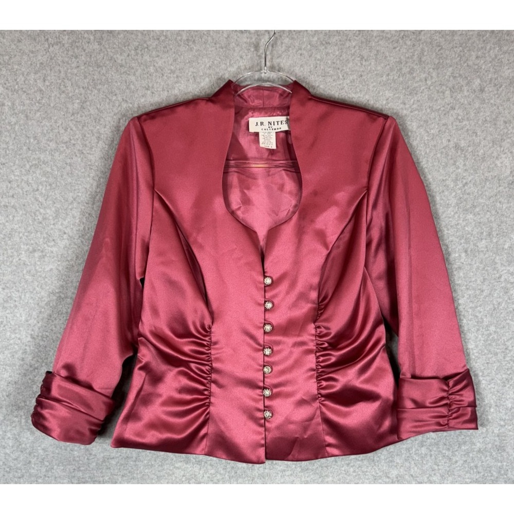 J.R. Nites Blouse‎ Womens Size 8 Pink Satin Ruched Button Up Dressy Top USA